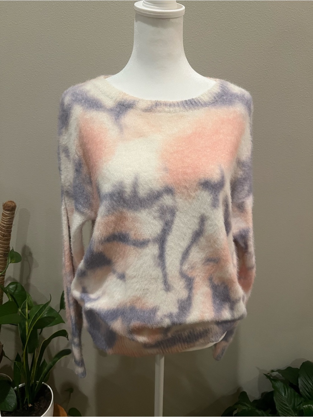 She + Sky Pastel Tie-Dye Fuzzy Crewneck Sweater in Cream, Pink & Lavender